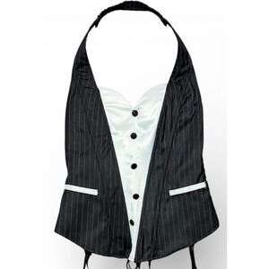 Fredericks of Hollywood Womens Tuxedo Corset Halter Top Black Pinstripe Size M